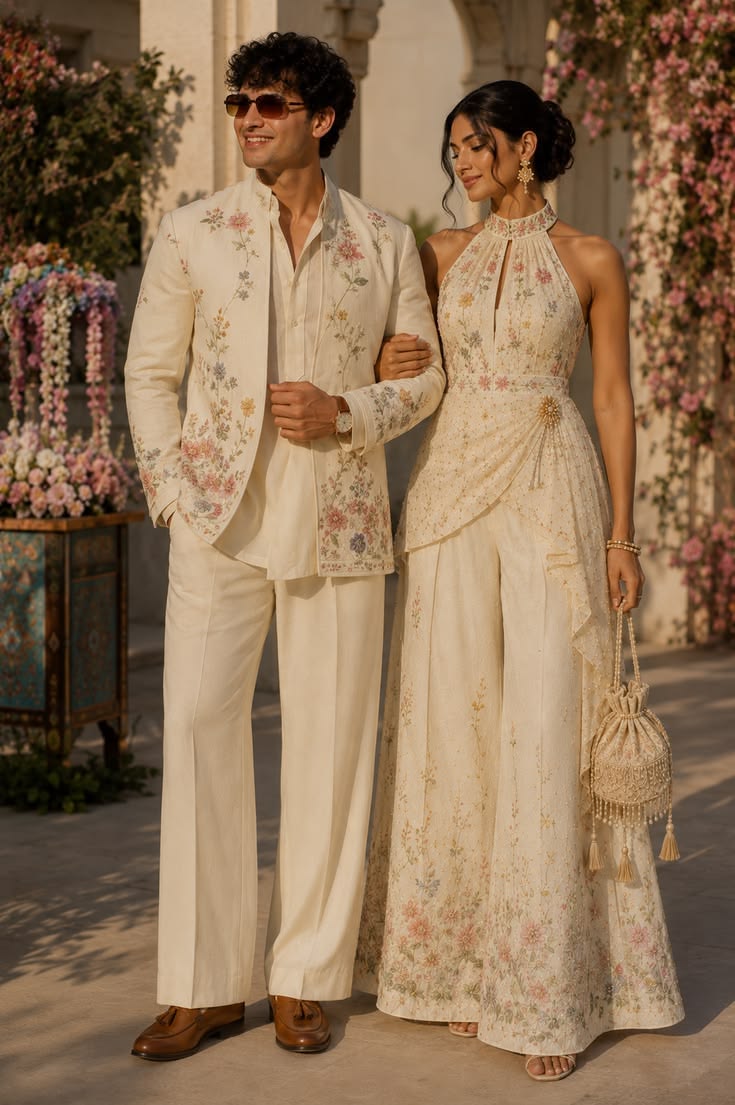 Floral ivory sherwani and draped halter ensemble in a courtyard