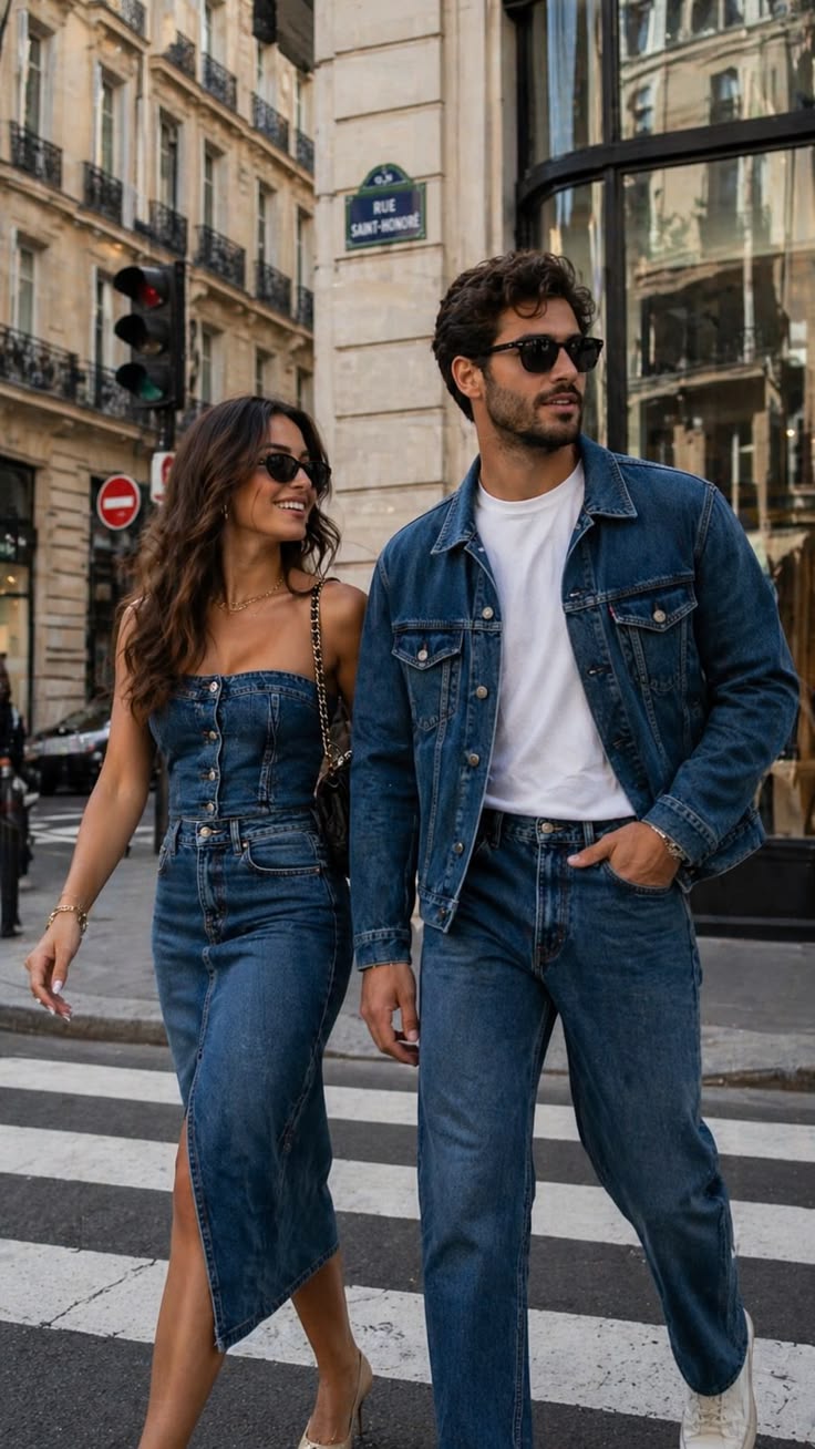 Parisian double-denim couple crossing Rue Saint-Honoré