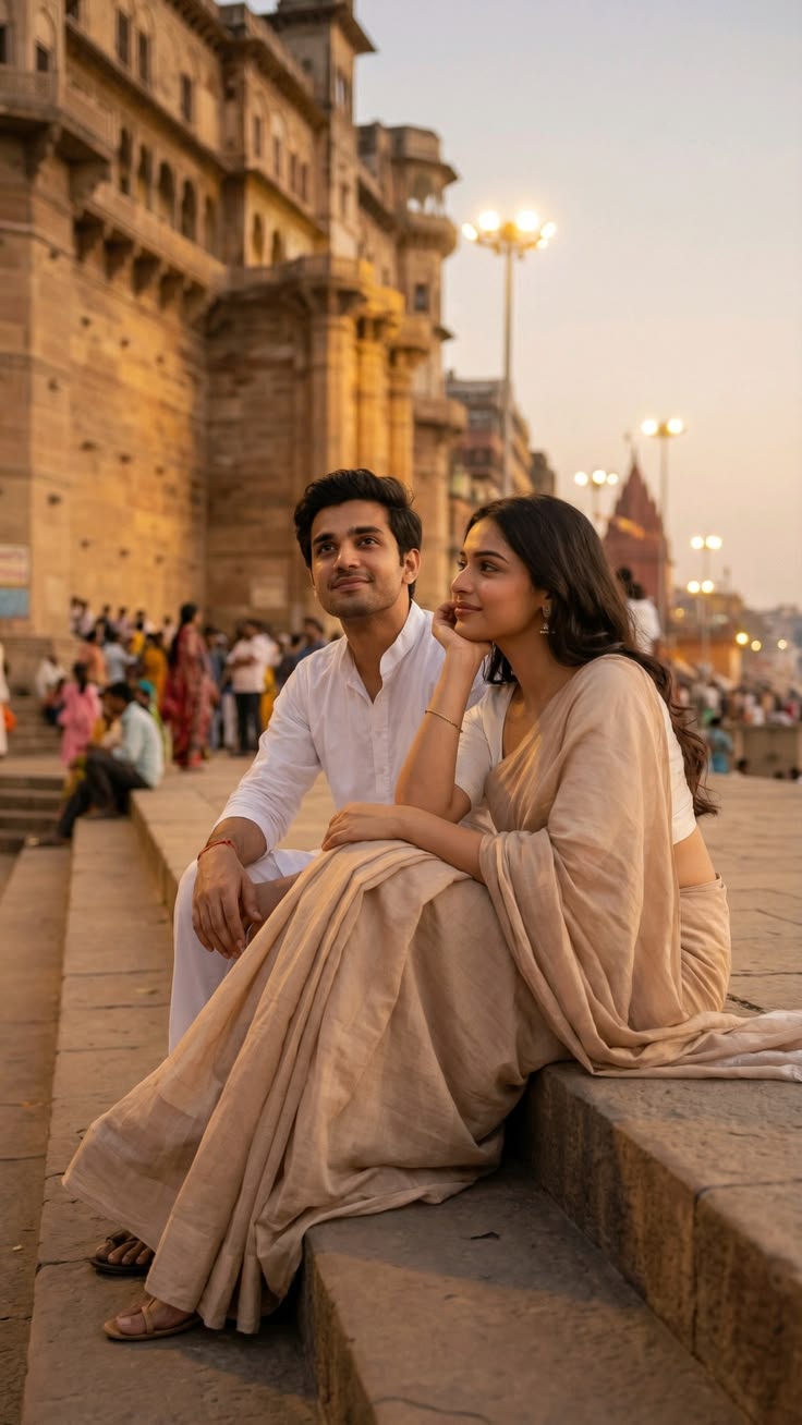 Beige saree and white kurta seated on golden stone steps