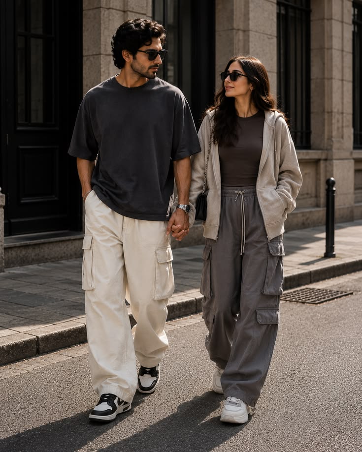 Matching cargo pants and oversized streetwear with clean sneakers