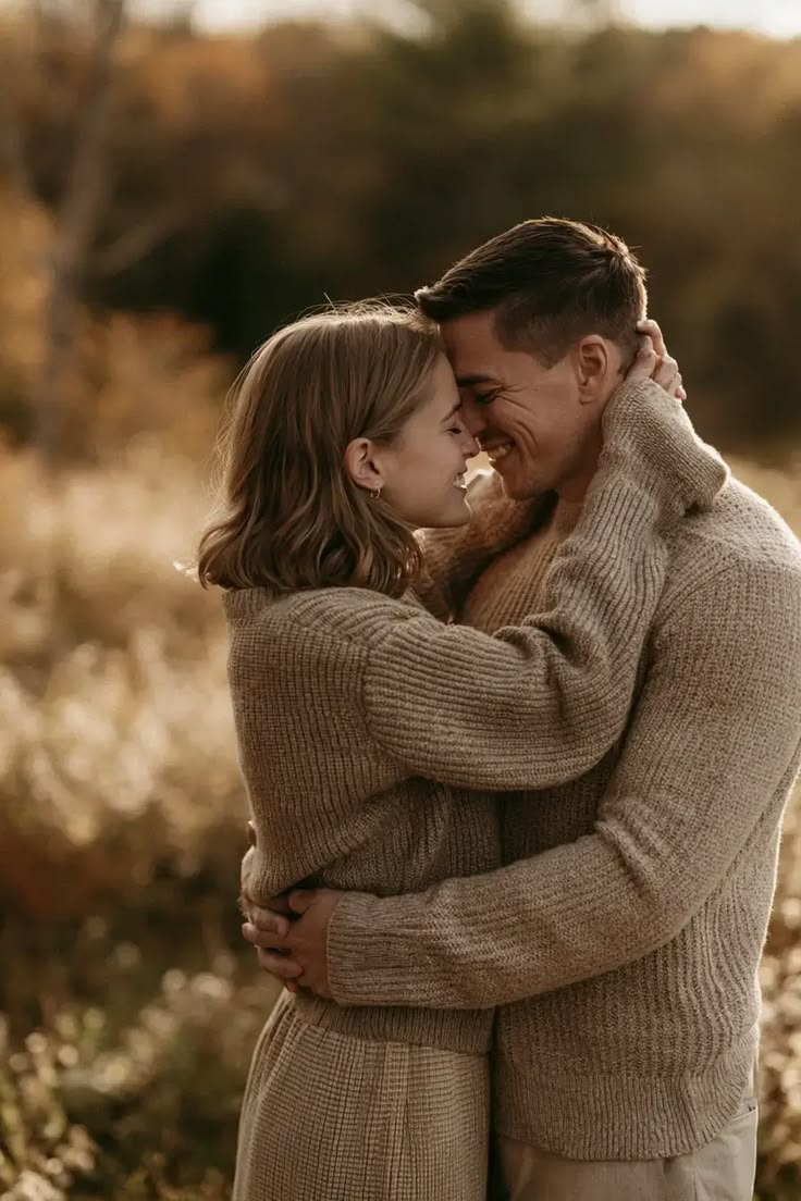 Beige cable-knit sweaters embracing in a sunlit fall field