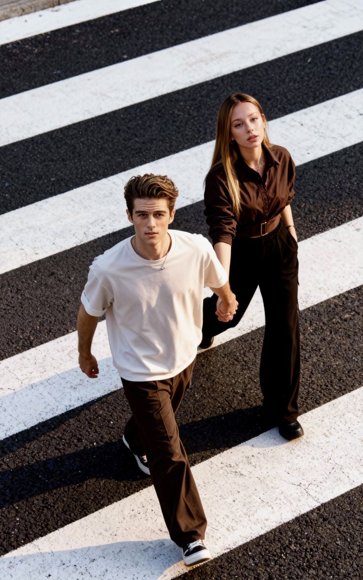 Couple on a zebra crossing in white tee and chocolate brown shirt