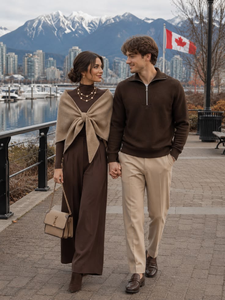 Chocolate jumpsuit and camel wrap shawl with a city harbour backdrop
