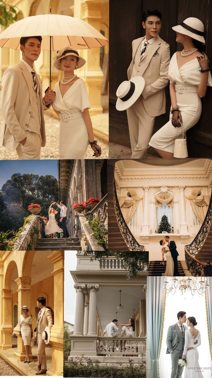 Mansion collage — cream three-piece suits, structured ivory dresses and hats