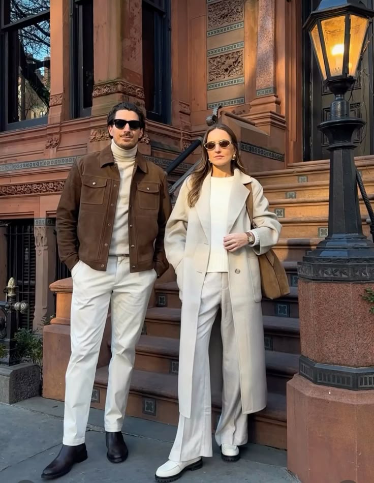 Caramel and ivory tailored coats on a brownstone stoop