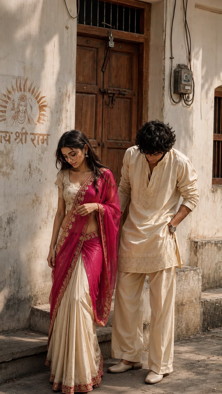 Fuchsia saree with gold border and cream kurta on a sunlit street