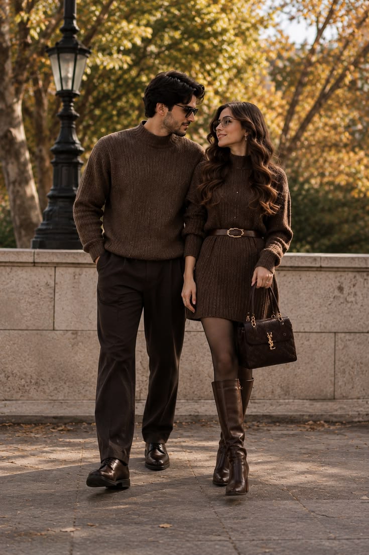 Matching chocolate knit dress and sweater in an autumn park