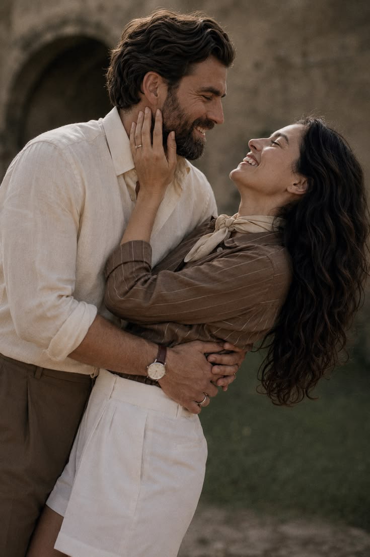 Ivory linen shirt and cream dress, garden picnic
