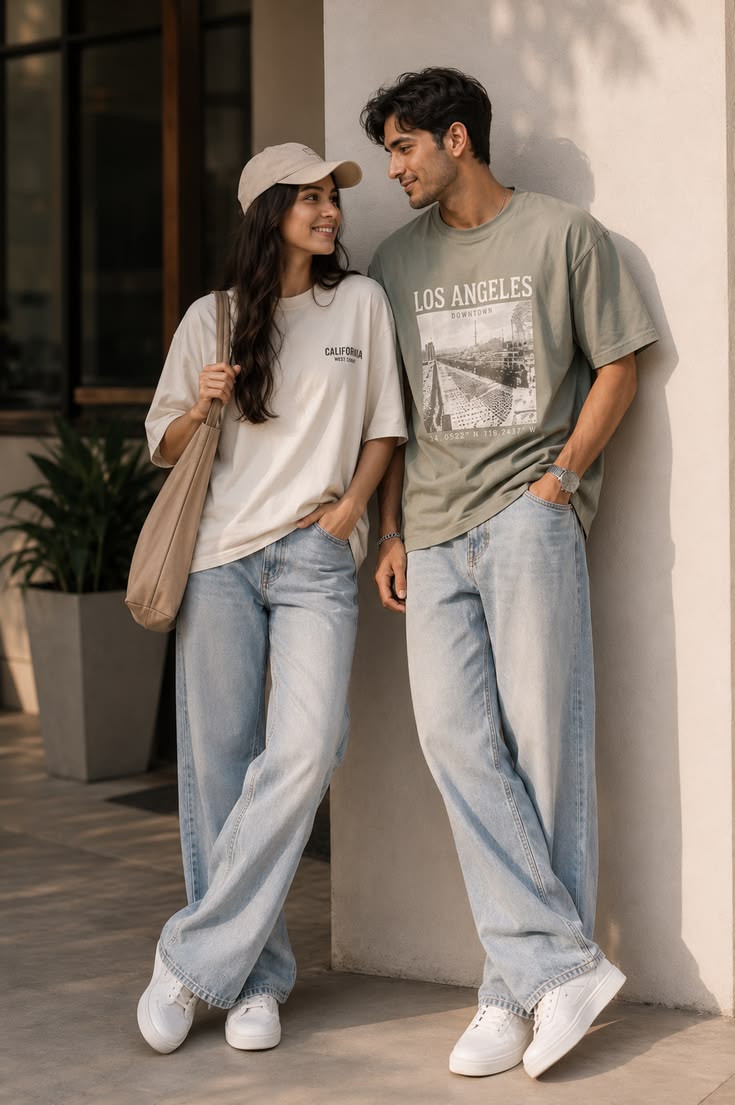 California-casual graphic tees and light denim in sunlit street