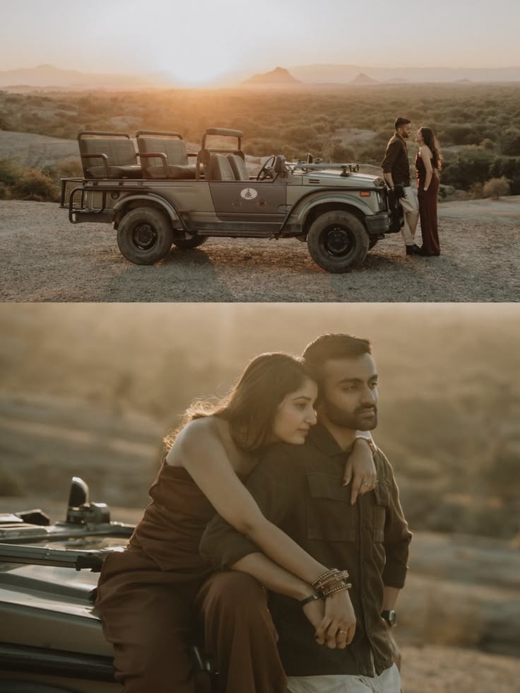 Sunset jeep in an arid landscape with couple in warm brown tailored layers