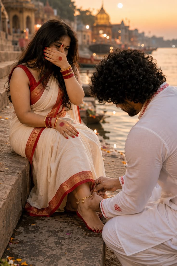 Cream and red saree by the river ghats at sunset