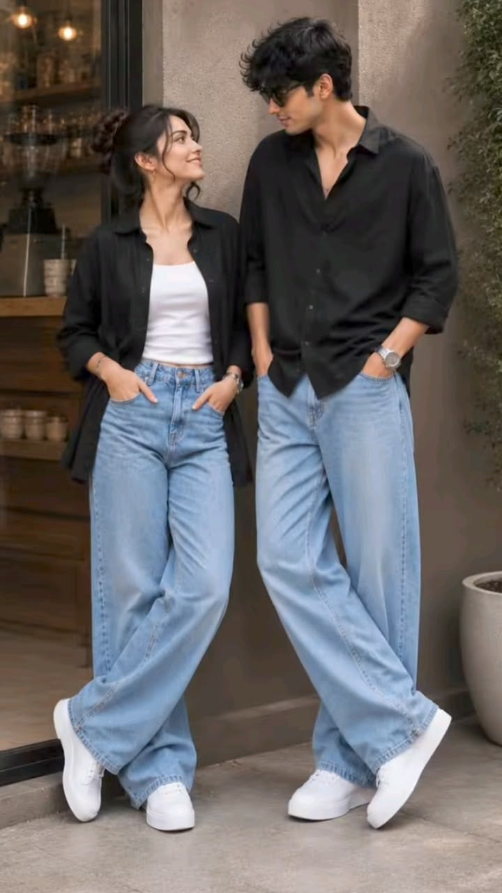 Couple in black shirts and wide-leg jeans outside a café